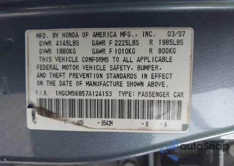 2007 Honda Accord 2.4 Ex z USA, uszkodzony, nr VIN 1HGCM56857A124153